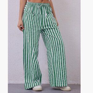 Striped Green Pants: Drawstring 100% Cotton, Size Large
